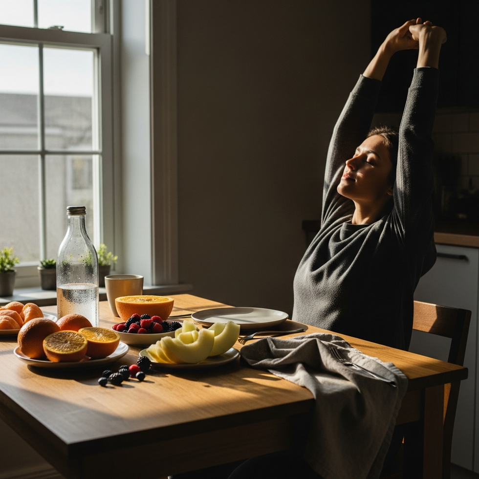healthy habits breakfast A breakfast table with fresh fruits, water bottle, and a person stretching early morning