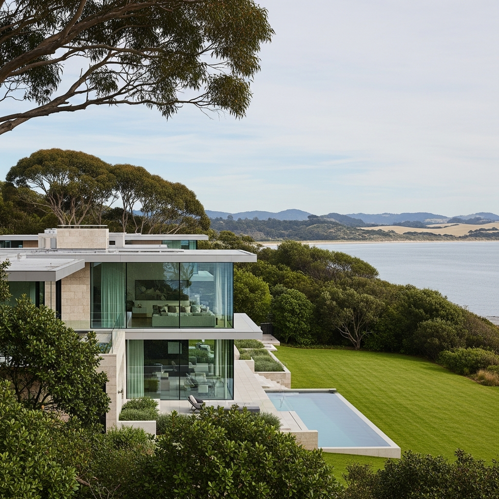 Amagansett estate A panoramic view of Michael and Victoria Wolffs Amagansett estate showcasing modern architecture surrounded by lush greenery and coastal scenery