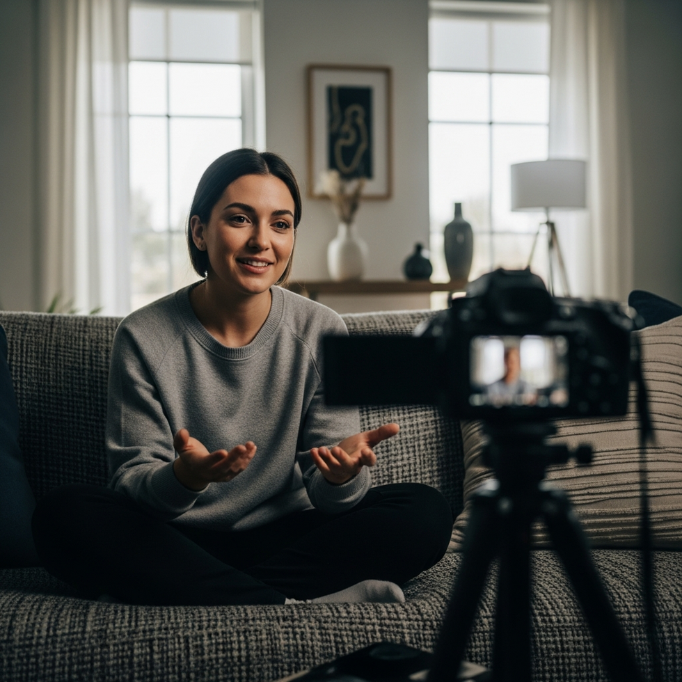 An influencer sharing a heartfelt story on a cozy living room couch, engaging with an online audience through a webcast or video call.