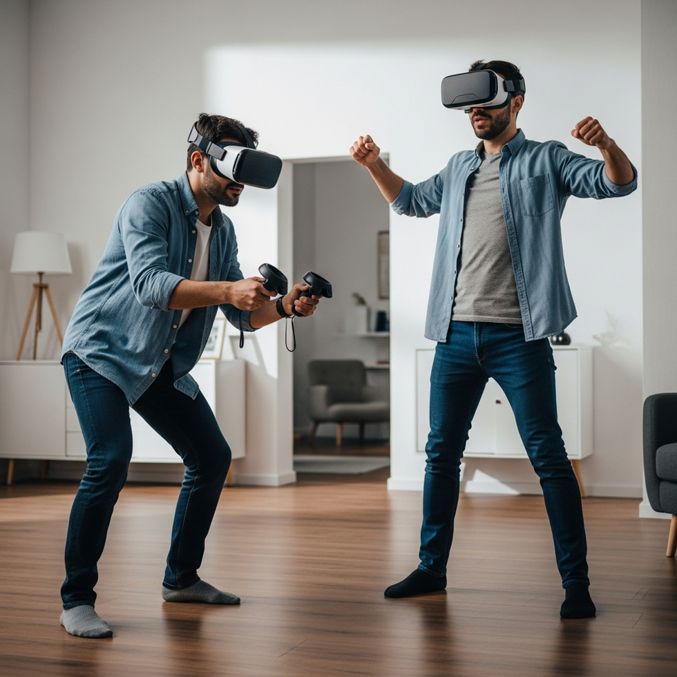 An immersive VR gaming scene showing players wearing VR headsets engaged in an interactive virtual experience