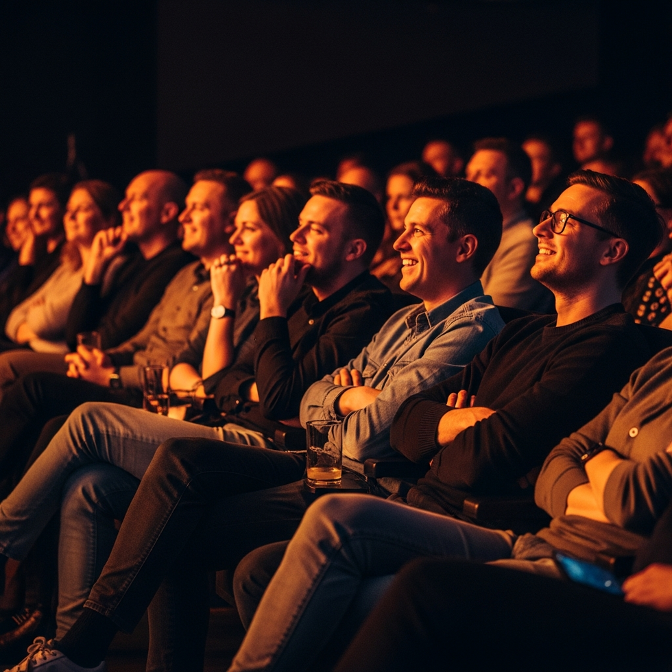 A lively crowd watching a stand-up comedy show with vibrant stage lighting