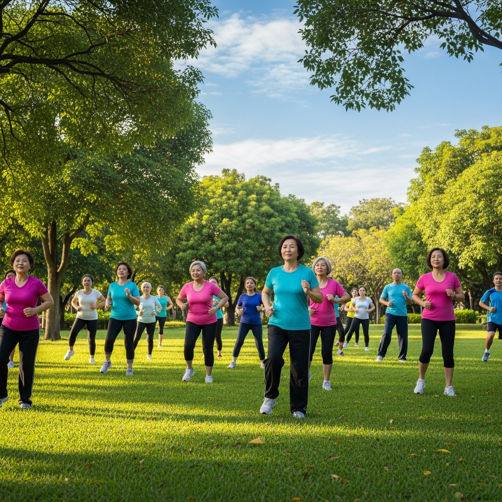 An outdoor fitness class in a park with diverse participants exercising together, symbolizing Ohio's community health efforts.