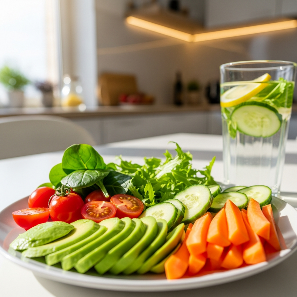 A colorful plate of healthy foods alongside a glass of infused water on a bright kitchen table