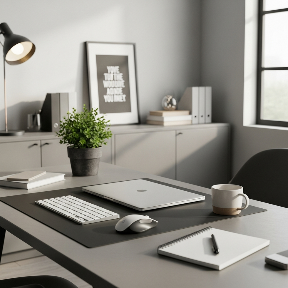 well-organized workspace A modern, organized office desk with plants, motivational quotes, and ergonomic accessories