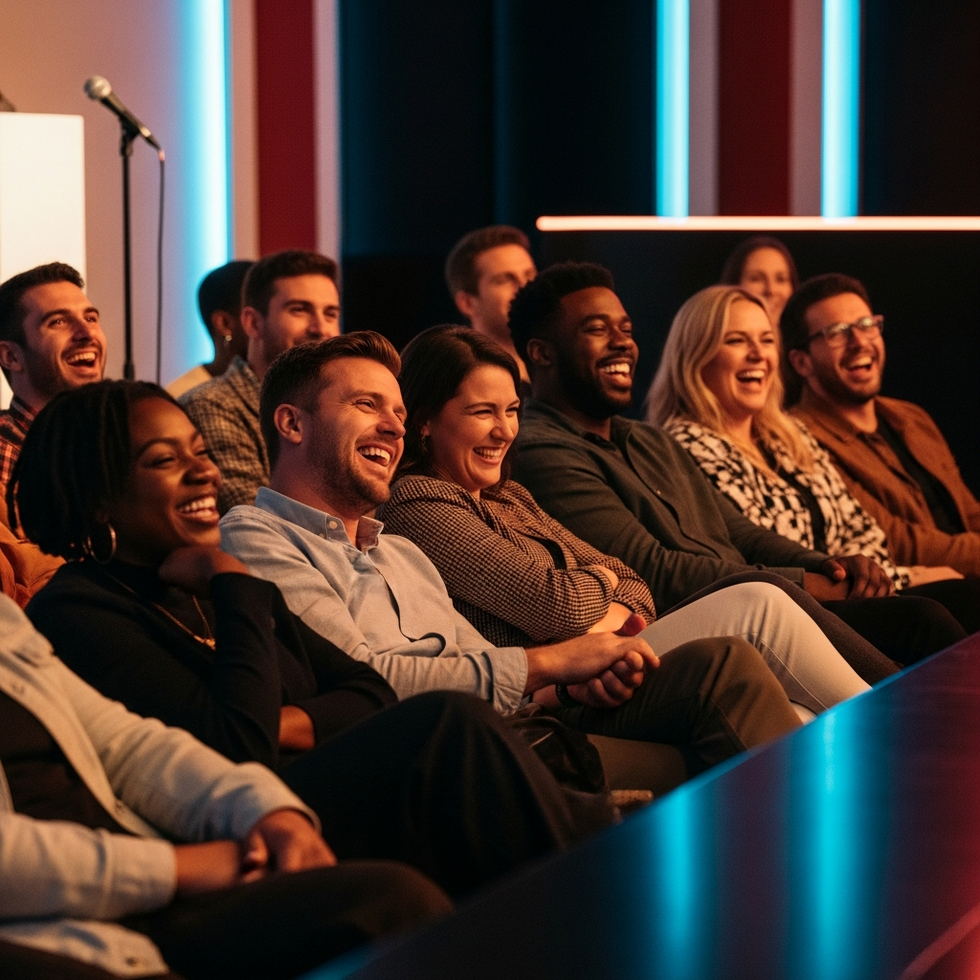 social interaction and humor A diverse group of people laughing together at a comedy show in a vibrant club setting