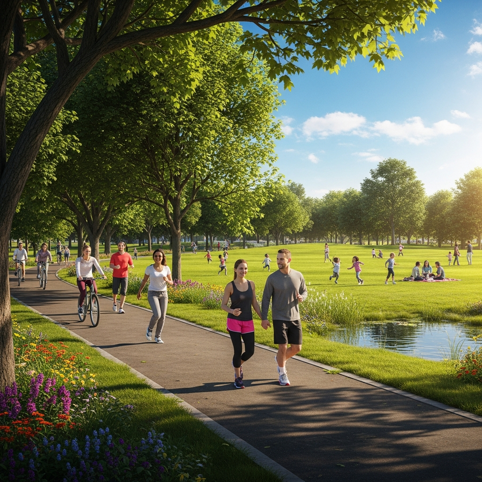 A vibrant city park filled with families biking, running, and enjoying outdoor activities under bright sunny skies, illustrating the active lifestyle in Ohio.