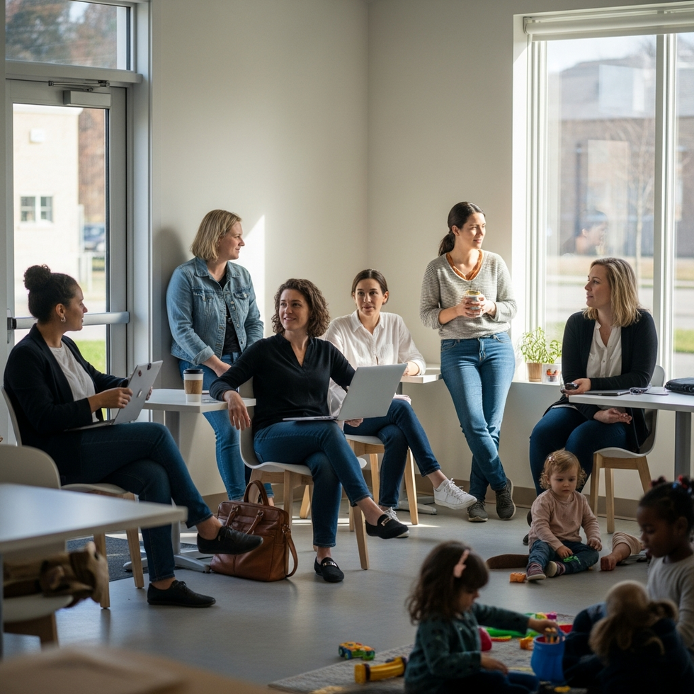A diverse group of working mothers with children during a flexible work schedule in a community center.