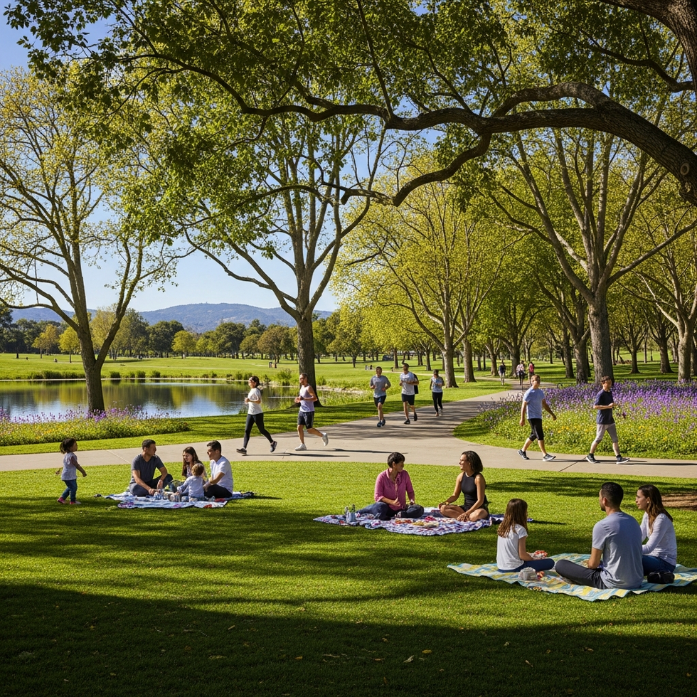 A vibrant California outdoor park filled with families, joggers, and scenic natural surroundings showcasing outdoor lifestyle