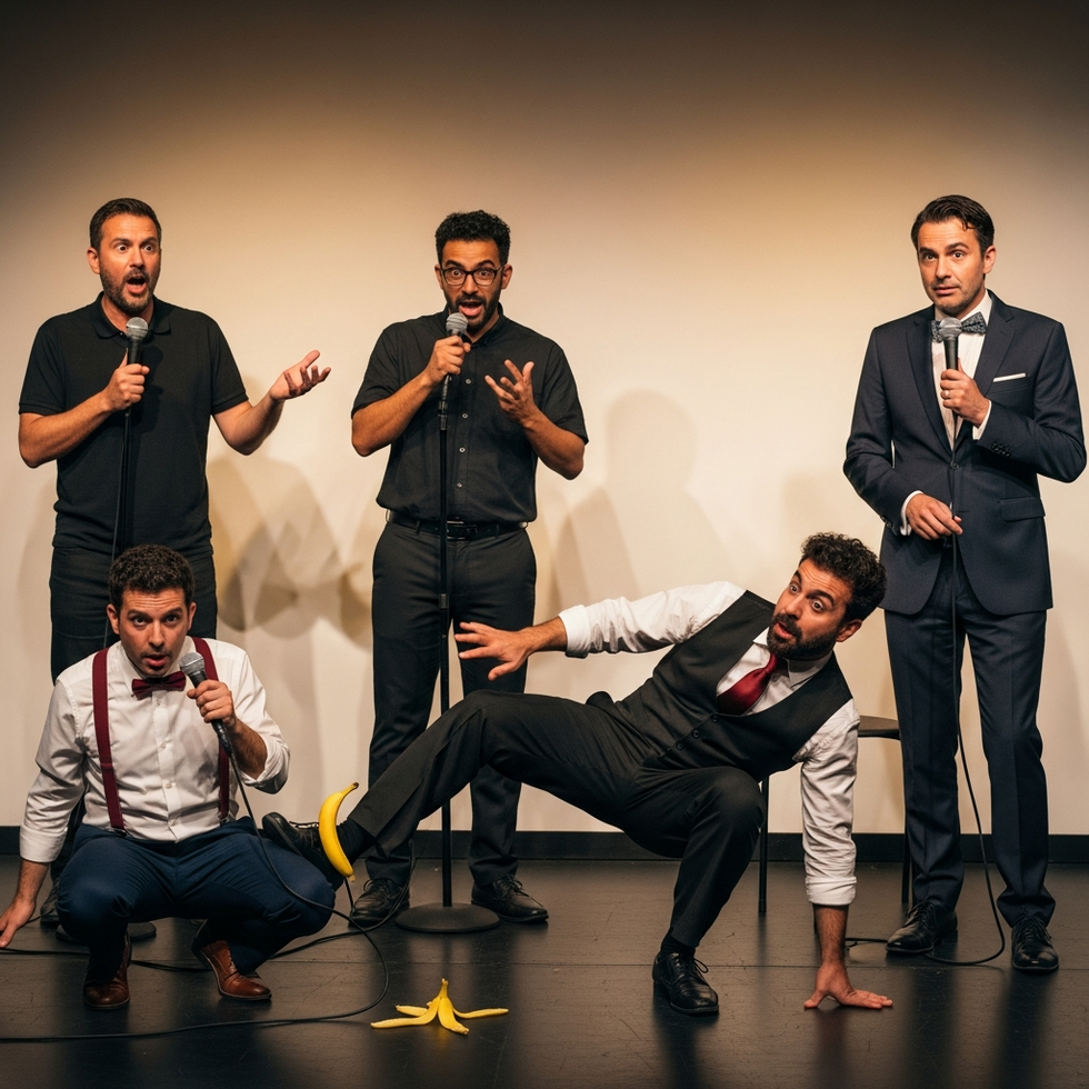 A collage of international comedy styles, including stand-up, slapstick, and satire