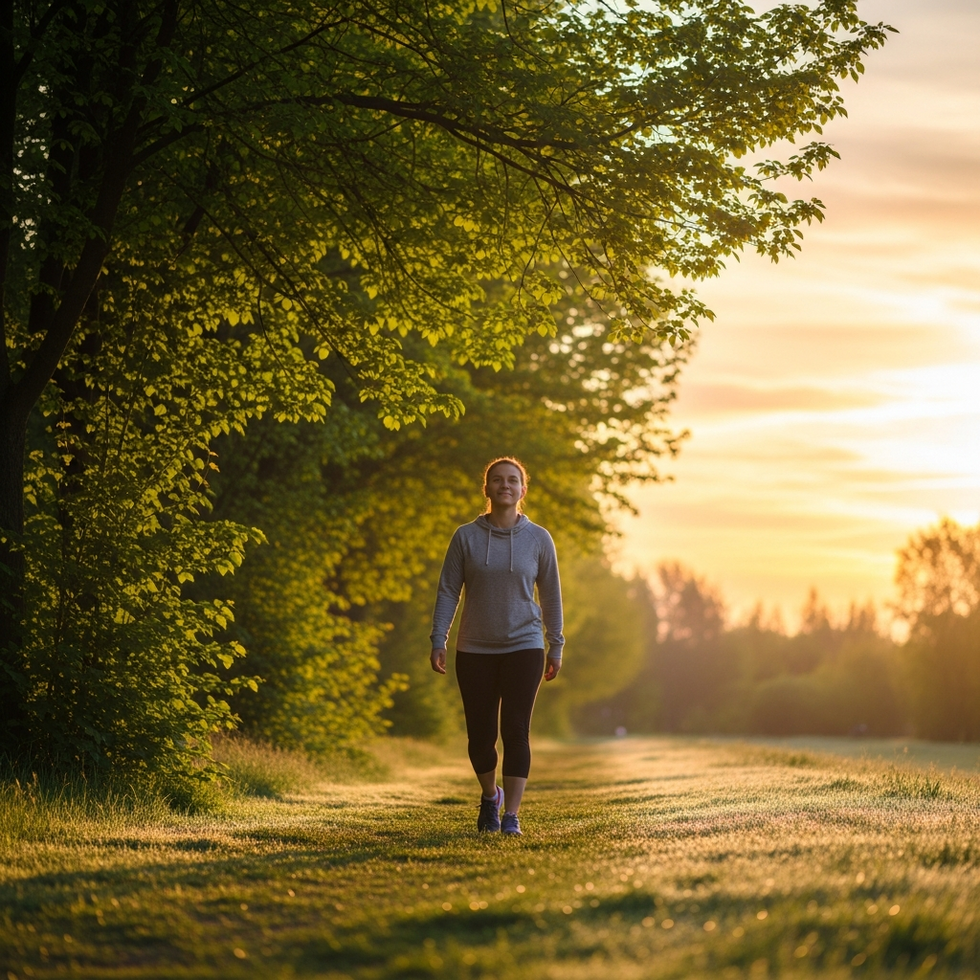 physical activity A person enjoying a healthy walk in a park during sunrise, symbolizing physical activity as a key to longevity