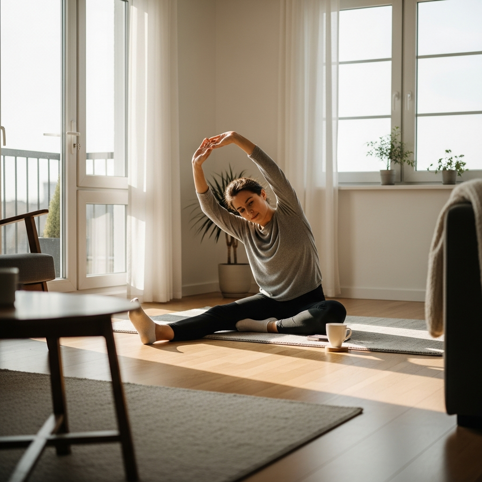 A person doing morning stretches in a sunlit living room, embodying simple wellness habits