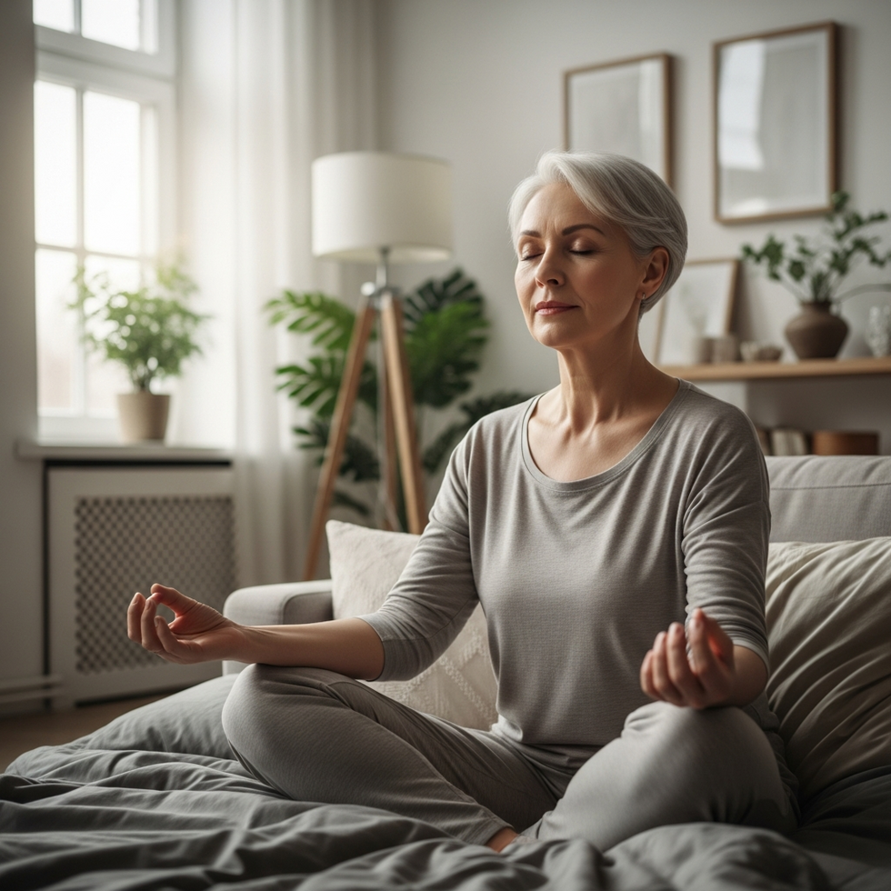 An image of Martha Stewart actively engaging in a meditation or mindfulness practice, illustrating the importance of mental wellness in aging.