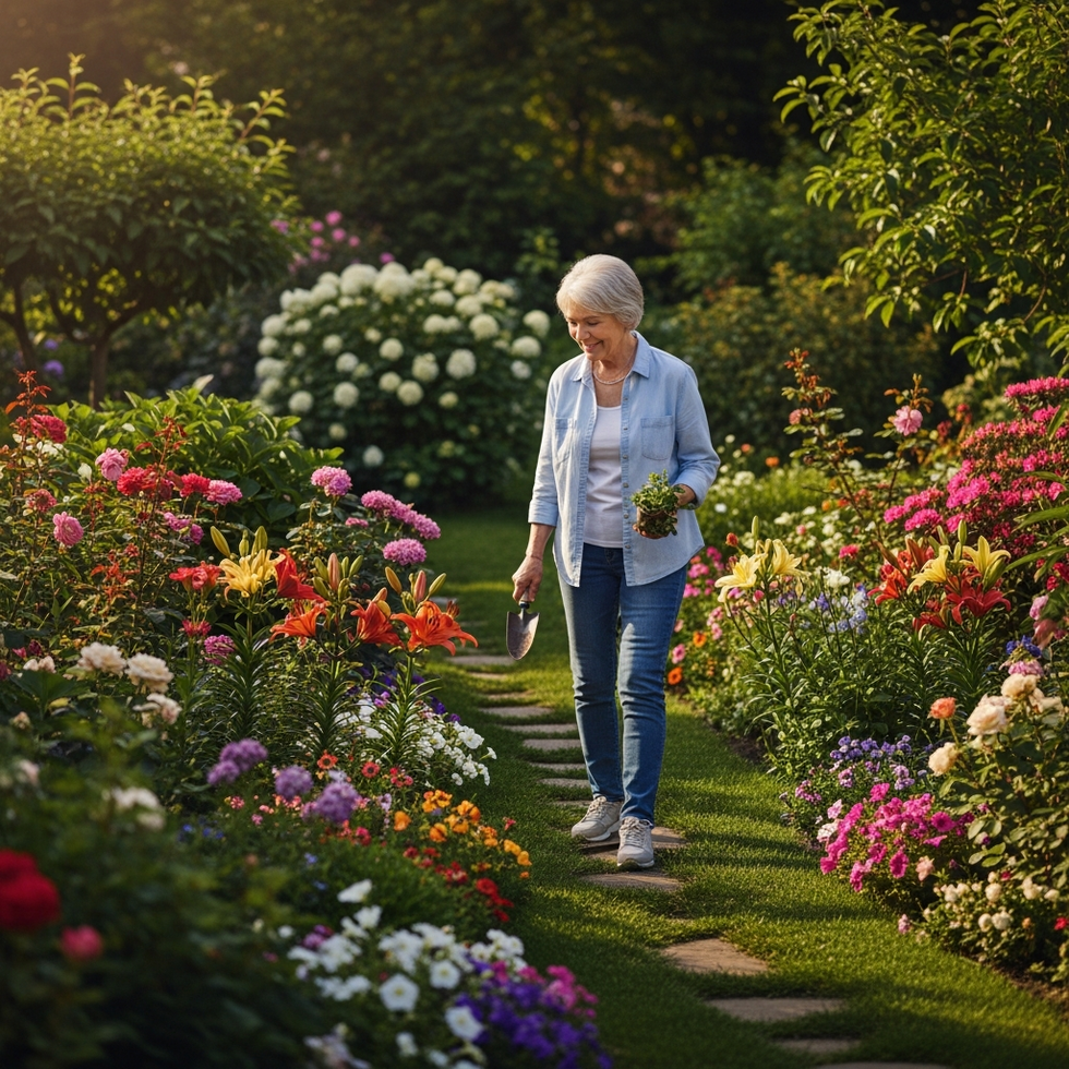 A vibrant photo of Martha Stewart in her garden, enjoying outdoor activities surrounded by blooming flowers and lush greenery, illustrating her commitment to active and healthy aging.