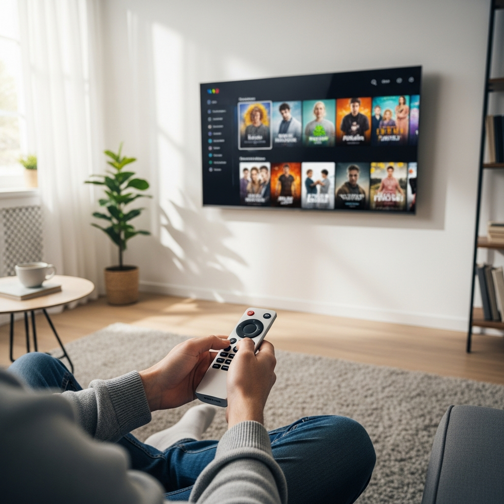 An image of a person holding a remote control with a streaming service interface on a smart TV screen showing popular series and movies
