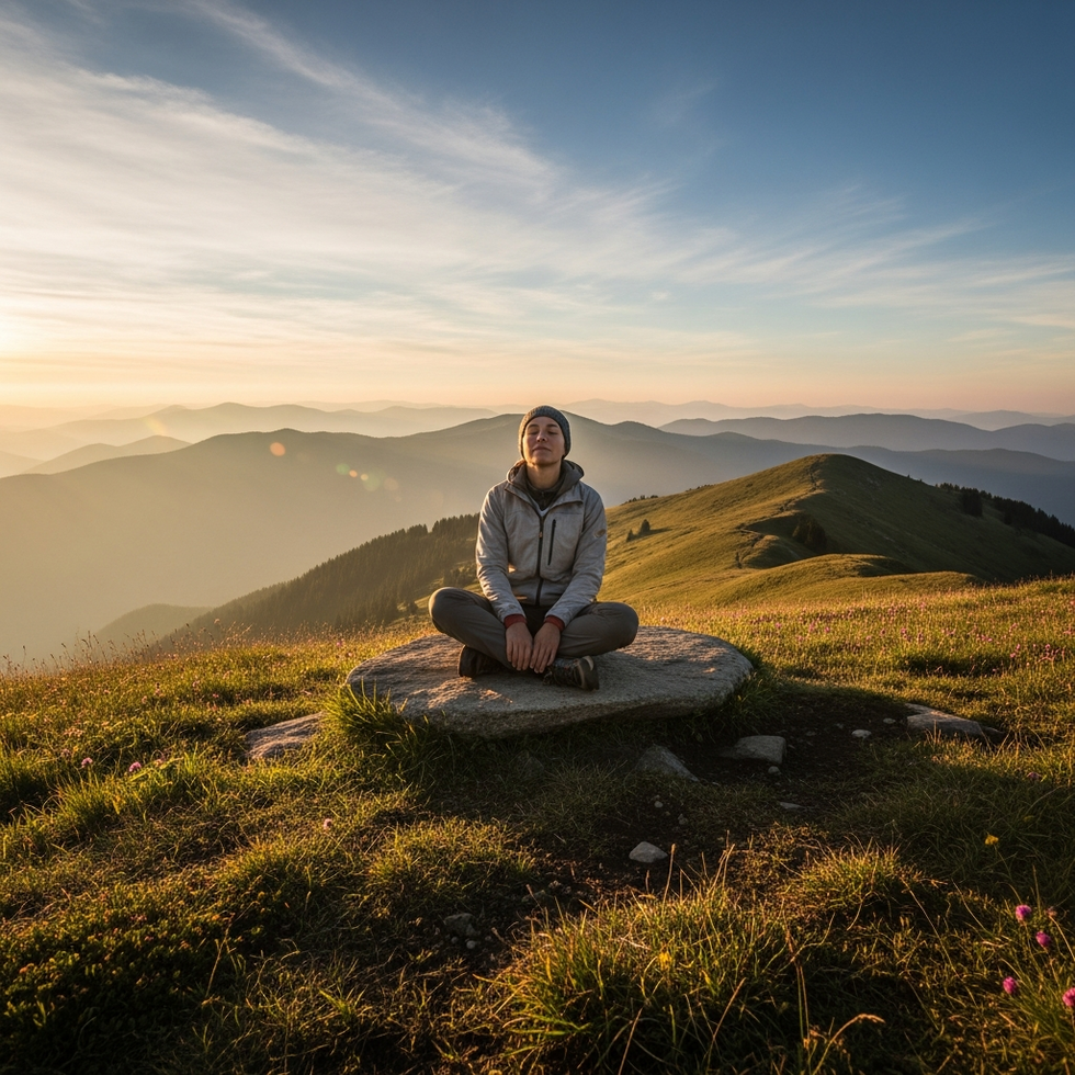 A peaceful scene of a person meditating at sunrise on a mountain top, illustrating mental wellness and stress reduction.