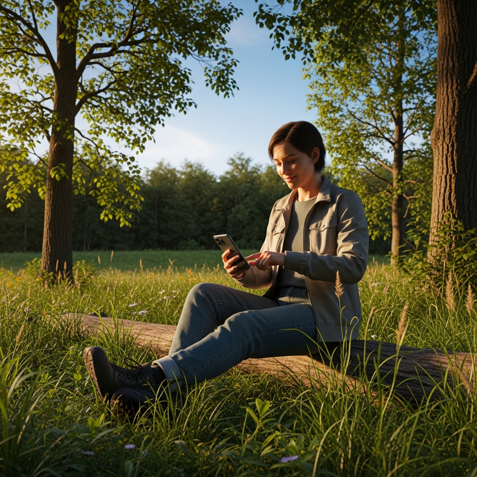 digital detox A person turning off phone notifications and enjoying outdoor activities in nature