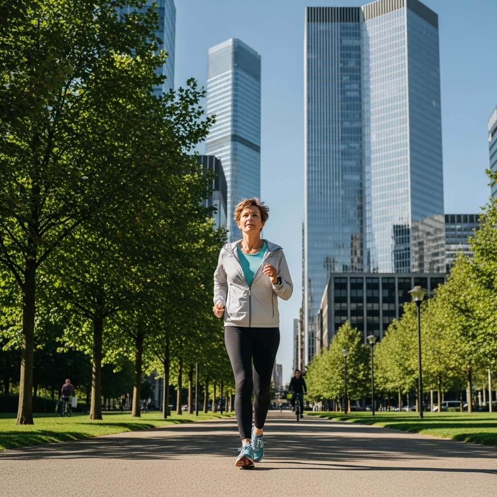 active lifestyle A middle-aged person walking briskly in a city park with a background of skyscrapers, illustrating active lifestyle