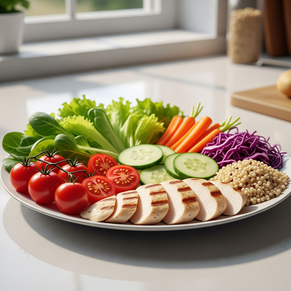 healthy eating tips A colorful plate filled with fresh vegetables, lean proteins, and whole grains on a clean kitchen counter