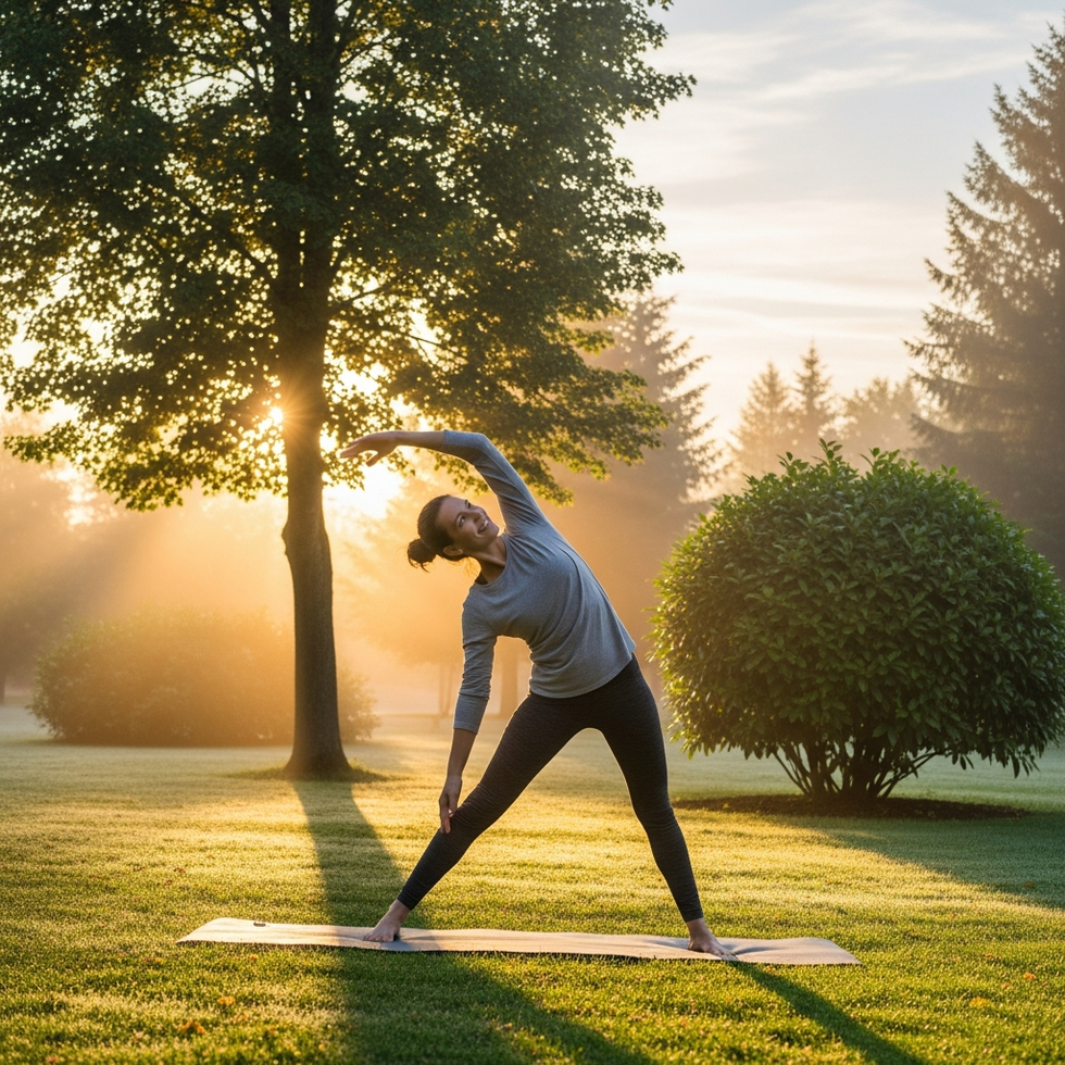 A person doing yoga outdoors in a park during sunrise, smiling and stretching