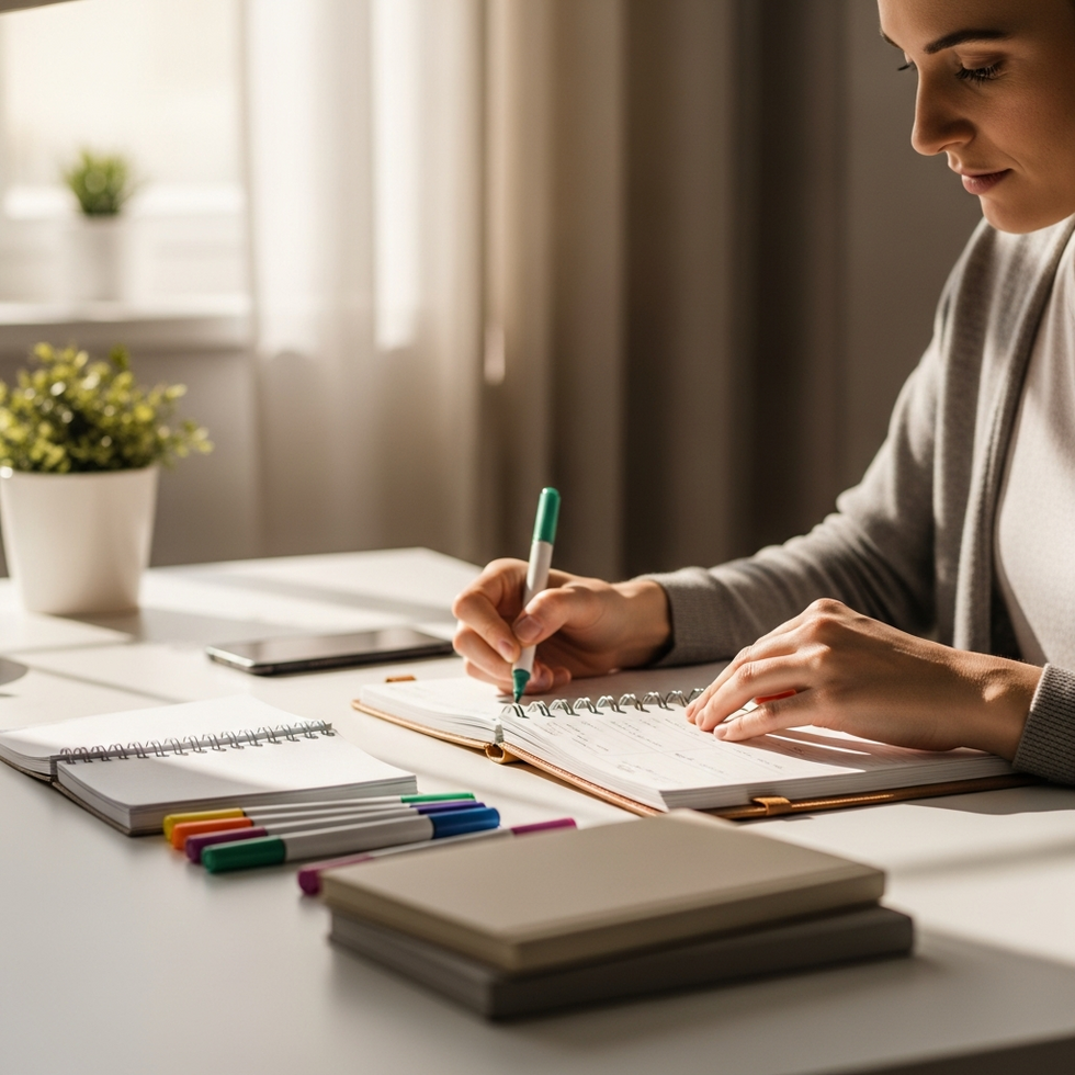 A person organizing a planner with colorful markers and note-taking supplies on a tidy desk