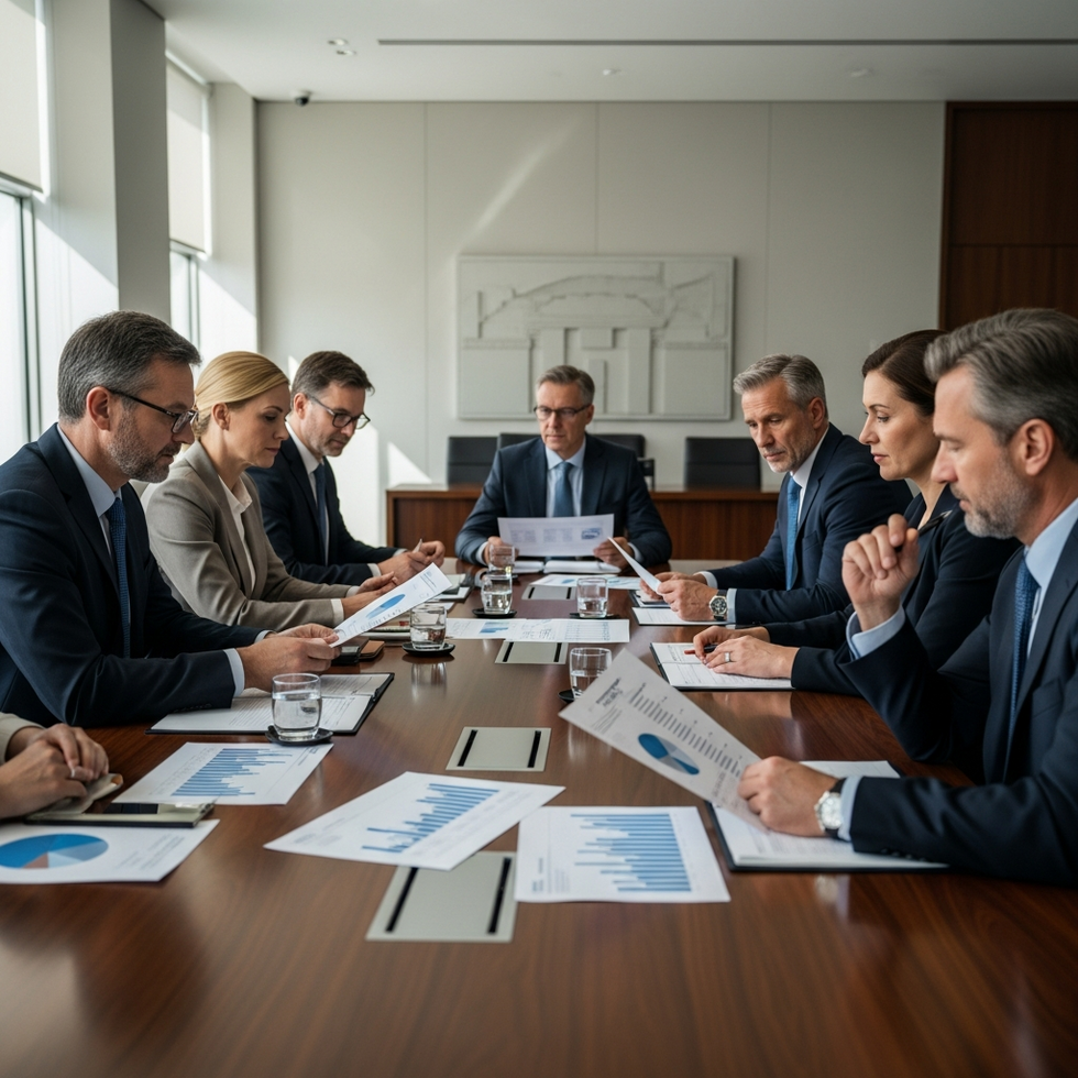 A government office with policymakers examining economic data and discussing tax reforms aimed at employment incentives.
