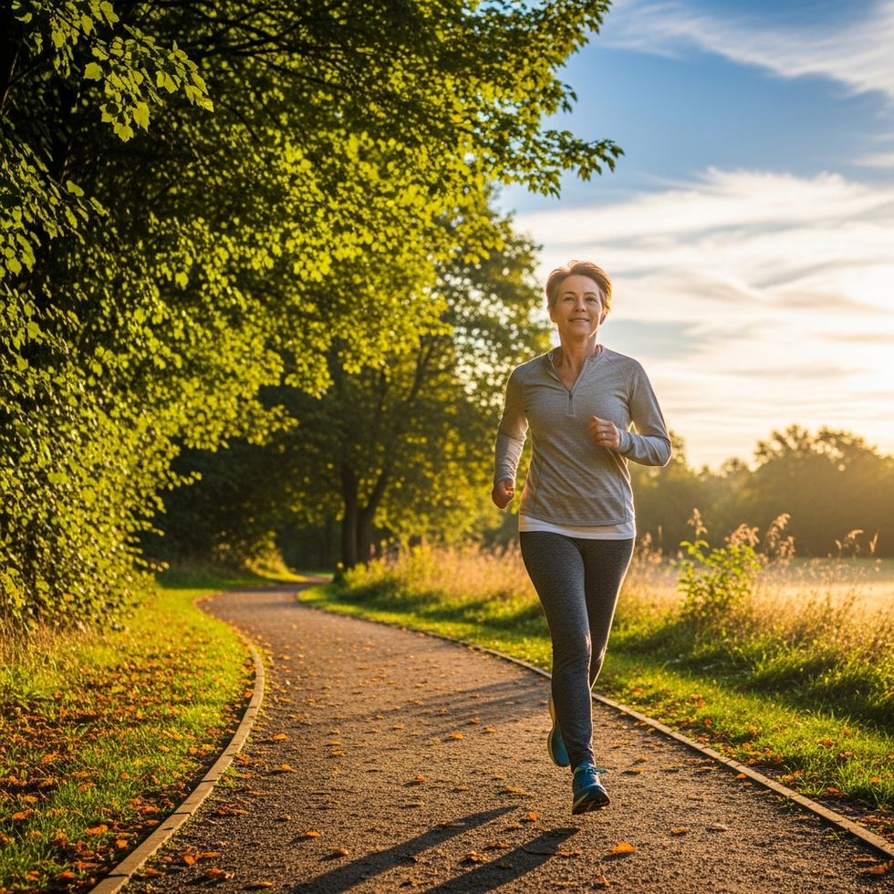 A person engaging in outdoor running on a park trail during sunrise, symbolizing active aging.