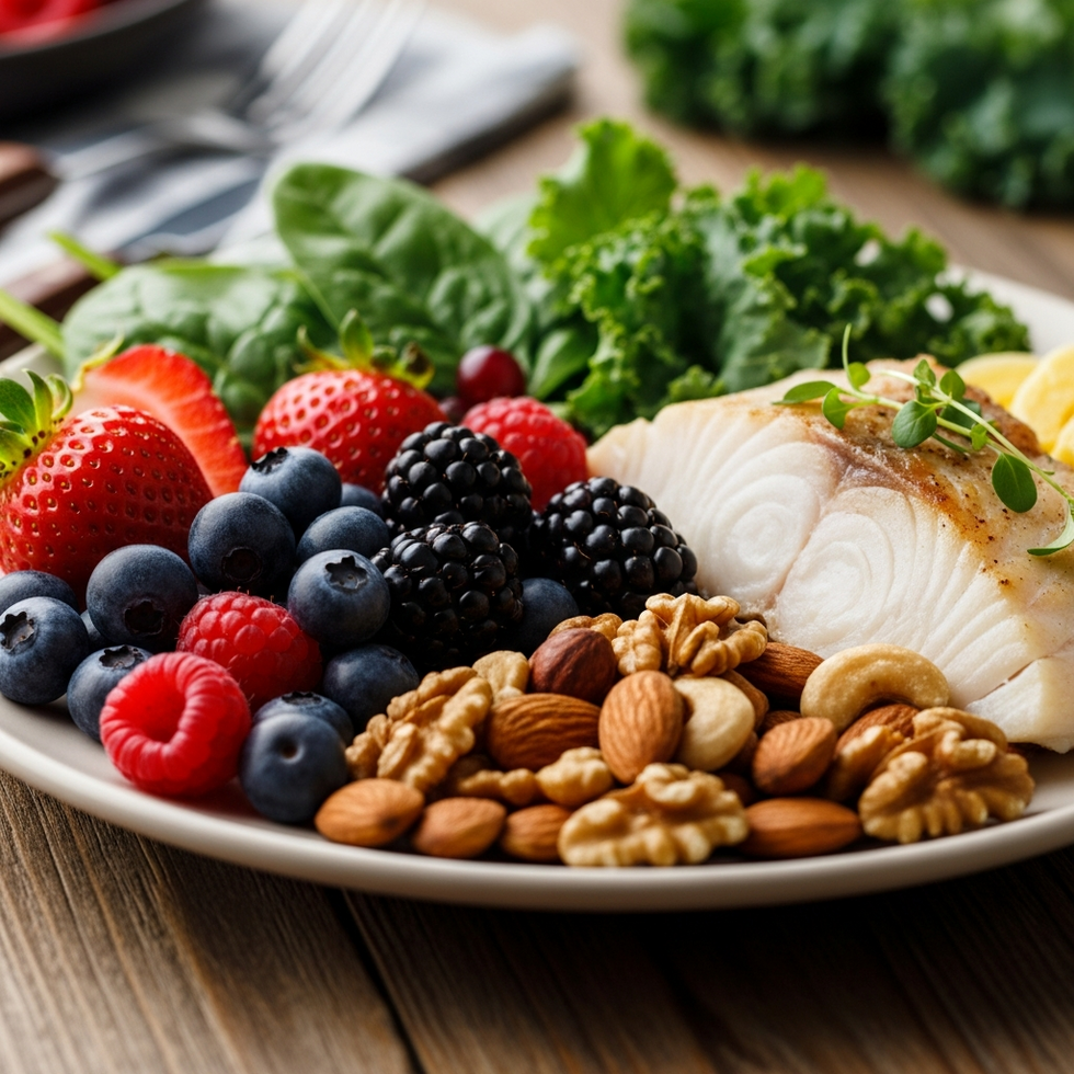 healthy diet A colorful plate of healthy foods including berries, leafy greens, nuts, and fish on a table