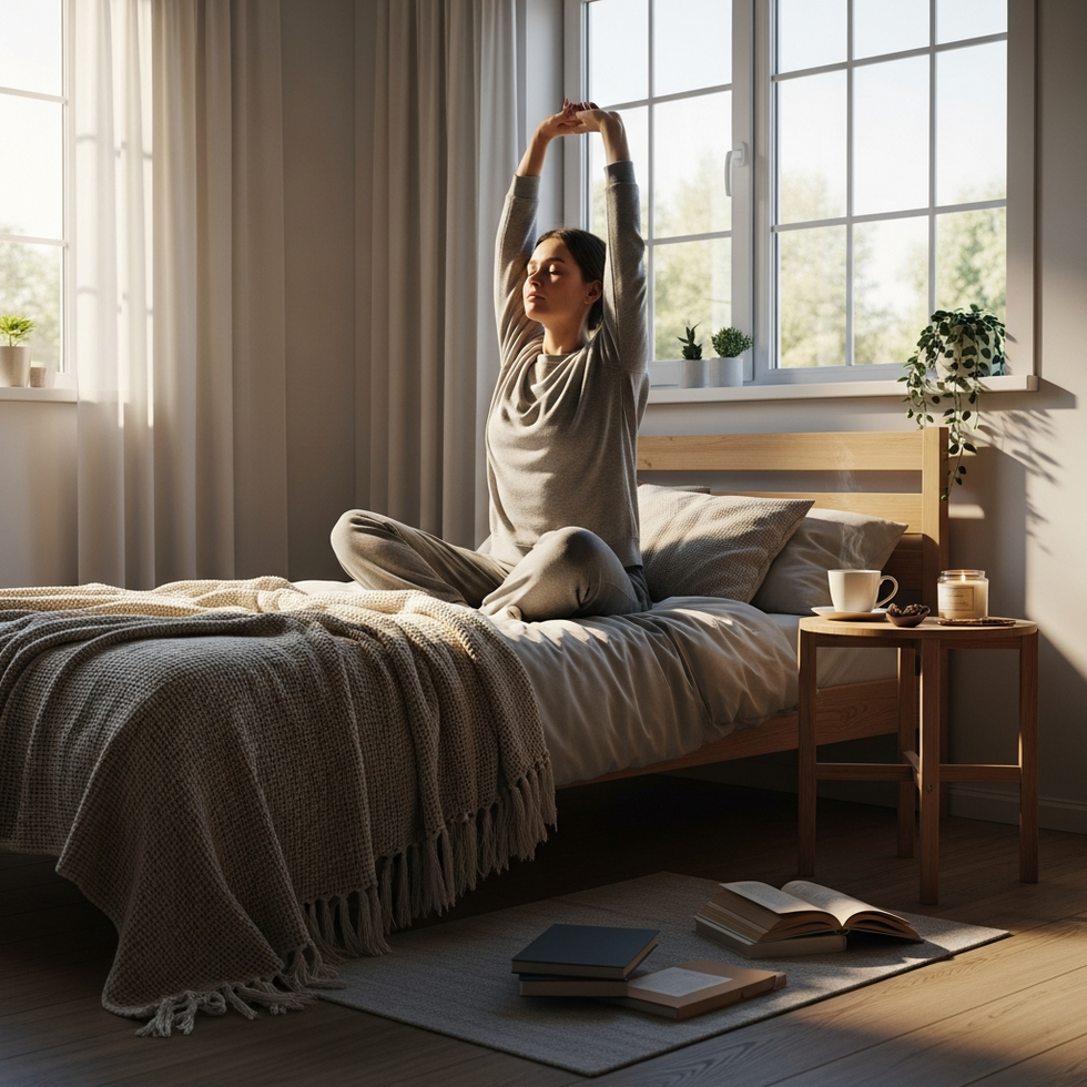 morning routine A person practicing mindfulness and stretching during early morning hours in a cozy, sunlit bedroom with a cup of tea nearby