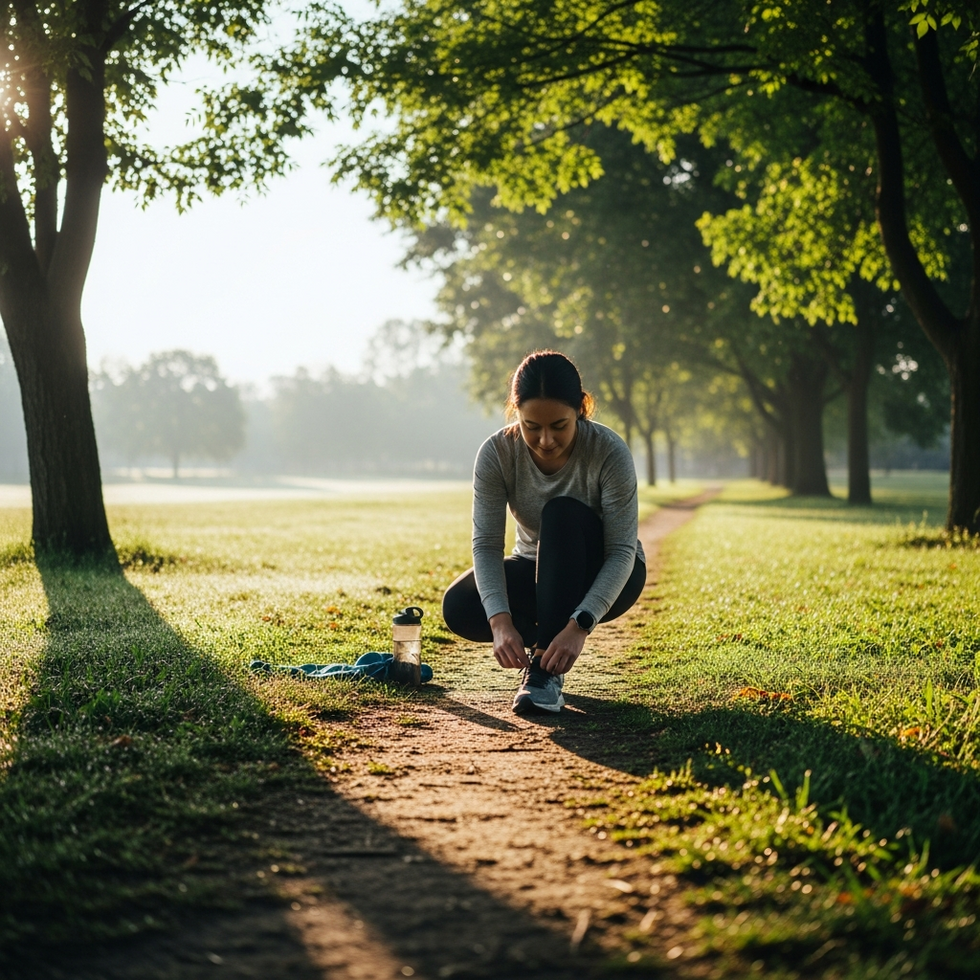 regular exercise A person tying their running shoes before a morning jog on a scenic trail in a park