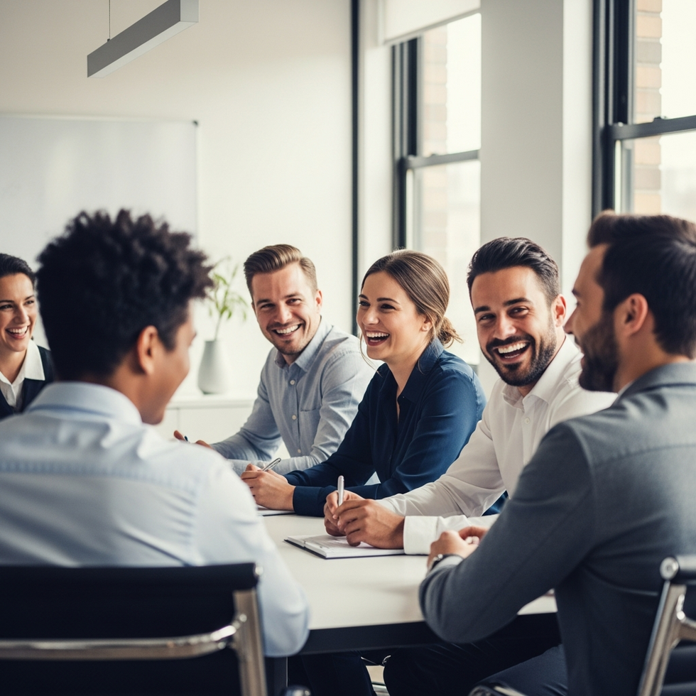 workplace culture A diverse office team sharing a humorous moment around a conference table