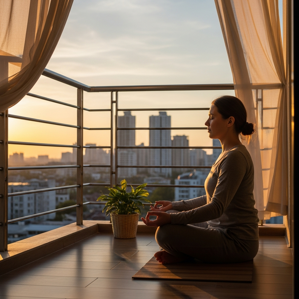 A peaceful scene of a person meditating on a quiet balcony overlooking a city at sunset
