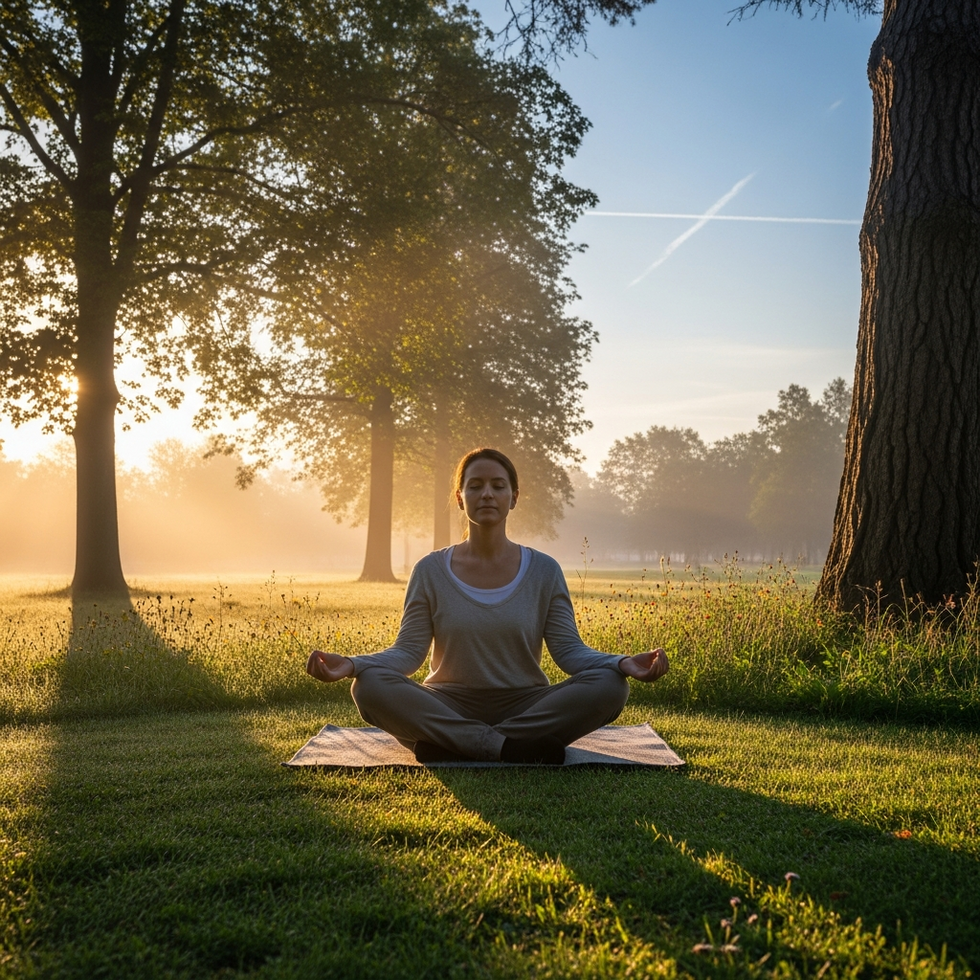 A peaceful person practicing meditation in a serene park during sunrise