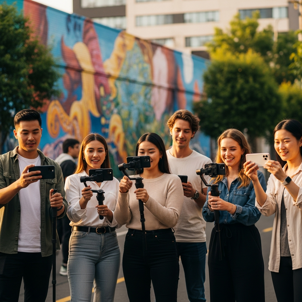 A lively scene of people creating content for social media, filming on smartphones amidst a colorful urban backdrop