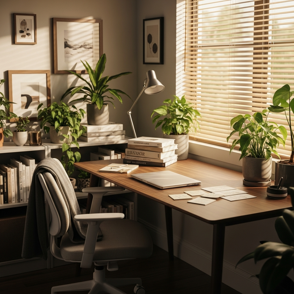 A cozy, well-lit home office with plants, books, and ergonomic furniture