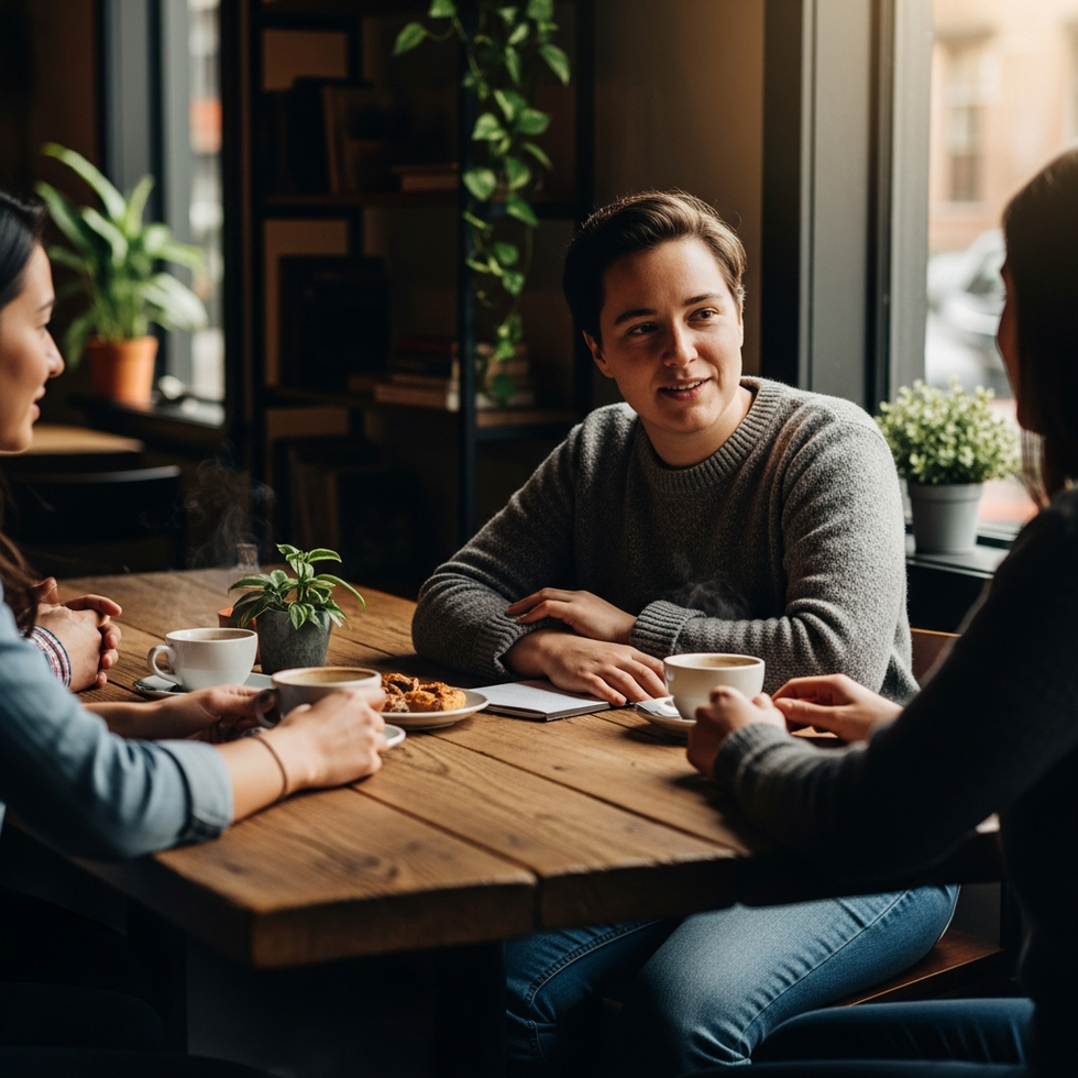 A person sitting at a cozy coffee shop sharing a personal story with friends, reflecting warmth and authenticity.