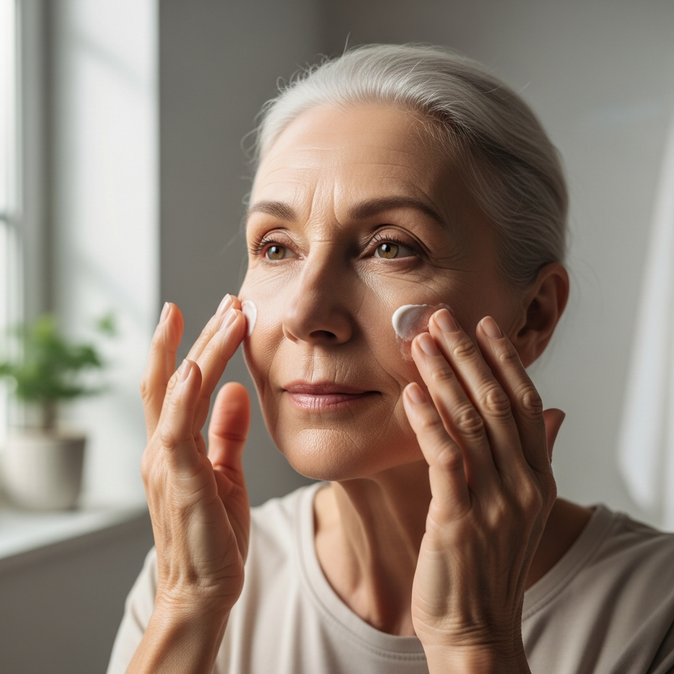 A close-up image of Martha Stewart applying moisturizer to her face, emphasizing the importance of skincare in aging well.