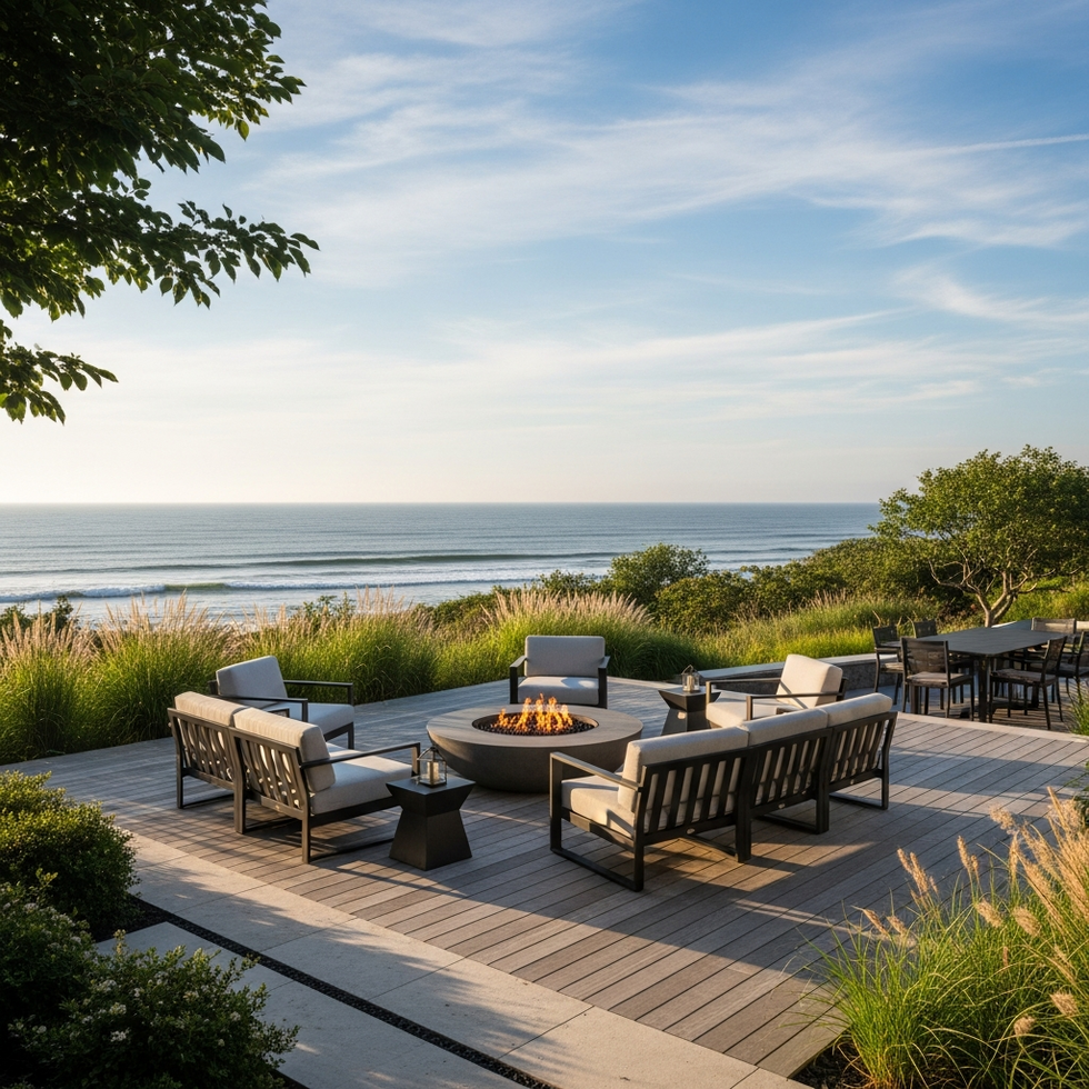 outdoor living space A stunning shot of the outdoor living space with a deck, fire pit, and sea view at the Wolffs Amagansett estate
