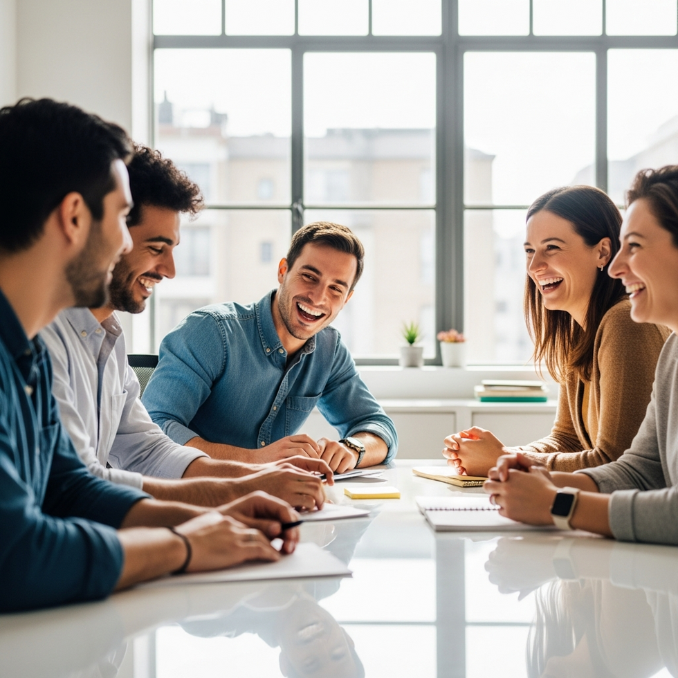 a group of colleagues sharing a laugh over funny stories in an office setting