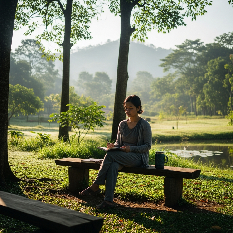 an individual journaling or sharing a story on a blog with a backdrop of inspiring nature