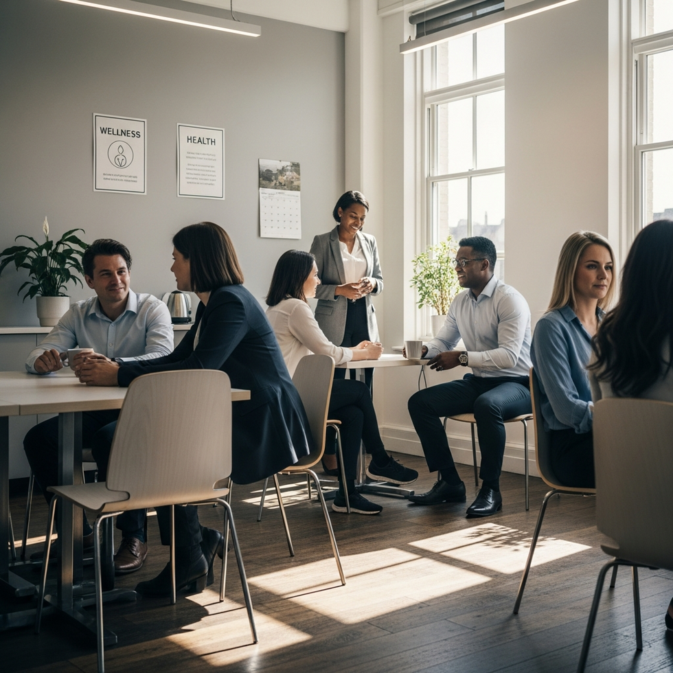 A workplace scene depicting employees engaging in a wellness program or a break room with wellness signs on the wall