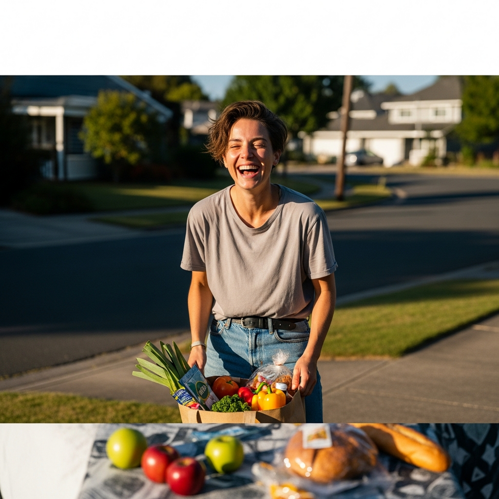 a humorous illustration of a person laughing at a mishap like dropping groceries