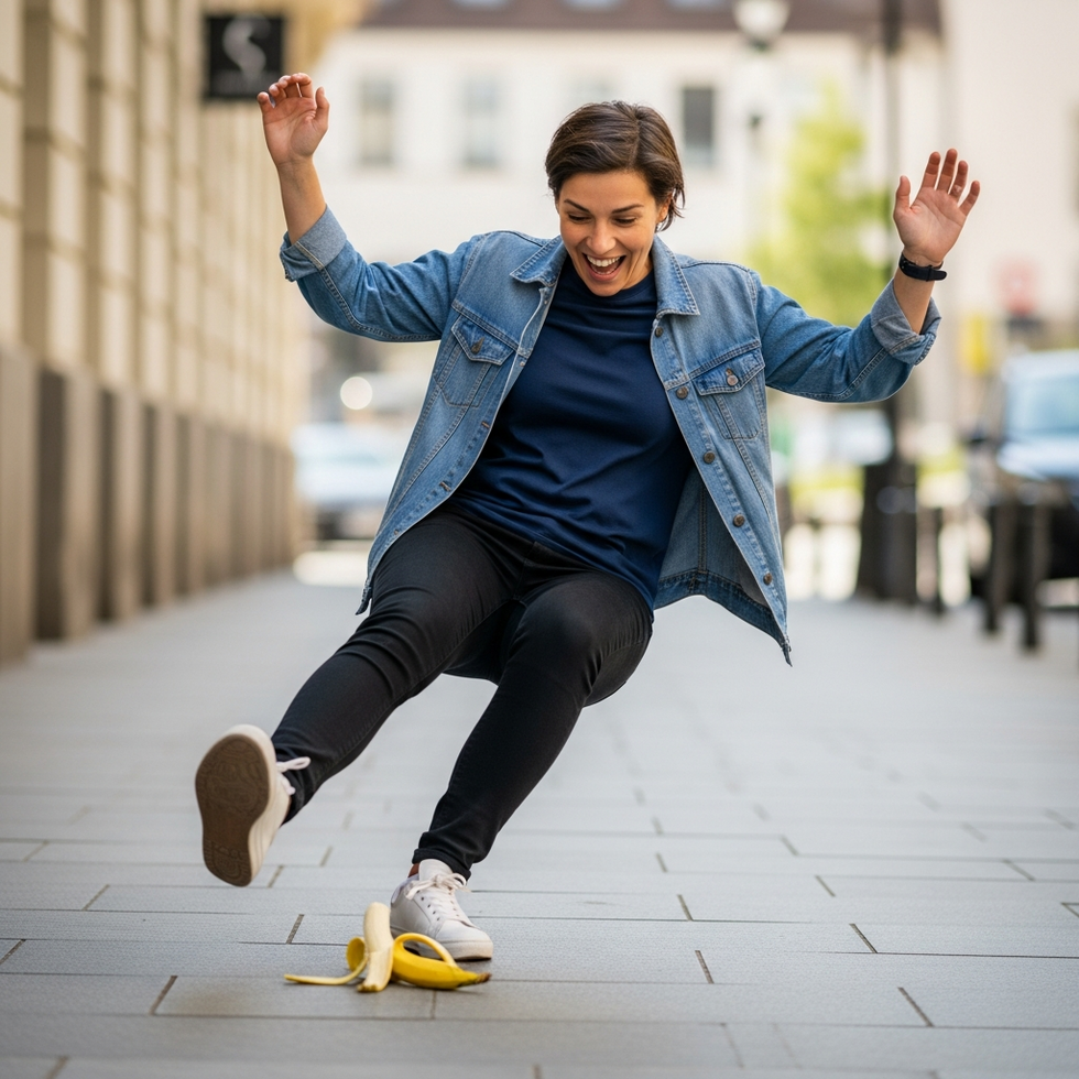 an amusing photo of someone slipping on a banana peel with a big smile