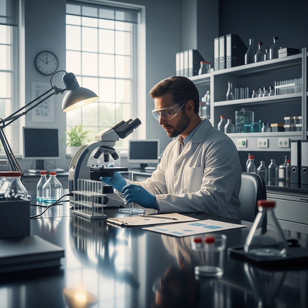 environmental pollutants A scientist examining environmental factors contributing to cancer in a laboratory setting