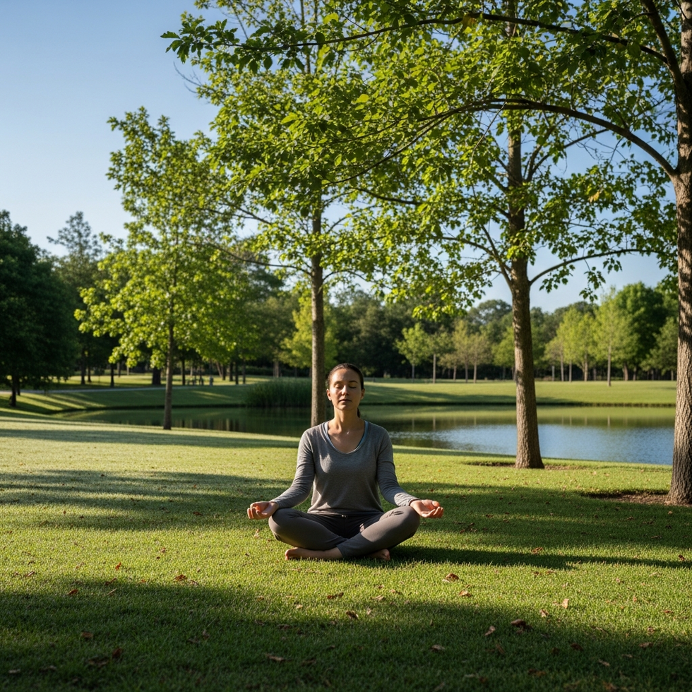 An individual practicing mindfulness meditation in a peaceful park setting with natural surroundings.