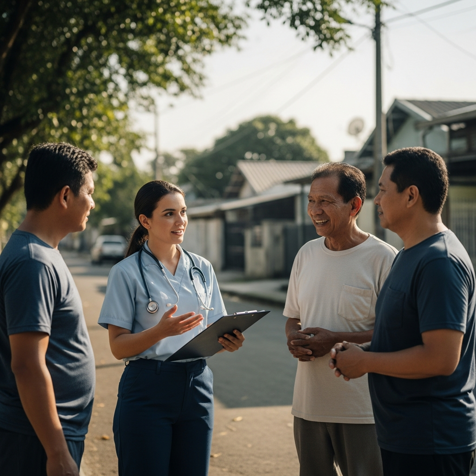 smoking and pollution A community health worker advising residents on smoking cessation and pollution reduction
