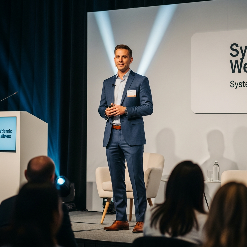 A leader speaking at a corporate wellness event, promoting systemic health initiatives