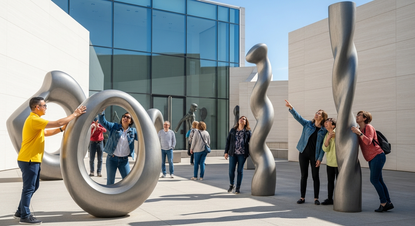A lively scene in a museum courtyard where a group of visitors casually interacts with modern sculptures, some touching and gesturing humorously, emphasizing a playful stance toward art boundaries.