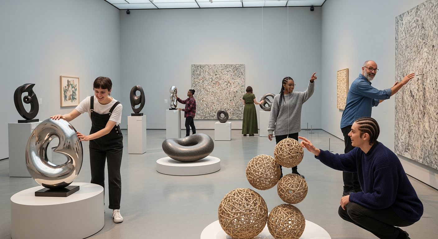 A modern museum gallery with visitors gently touching abstract sculptures and paintings, their playful expressions contrasting with the traditional somber ambiance, embodying the humorous challenge to cultural norms.