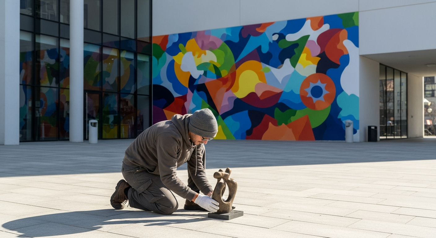 A person wearing gloves kneels carefully to handle a bronze sculpture, with a vibrant mural behind them, in a modern outdoor plaza setting, capturing a moment of tactile interaction with art in a neutral, contemporary environment.