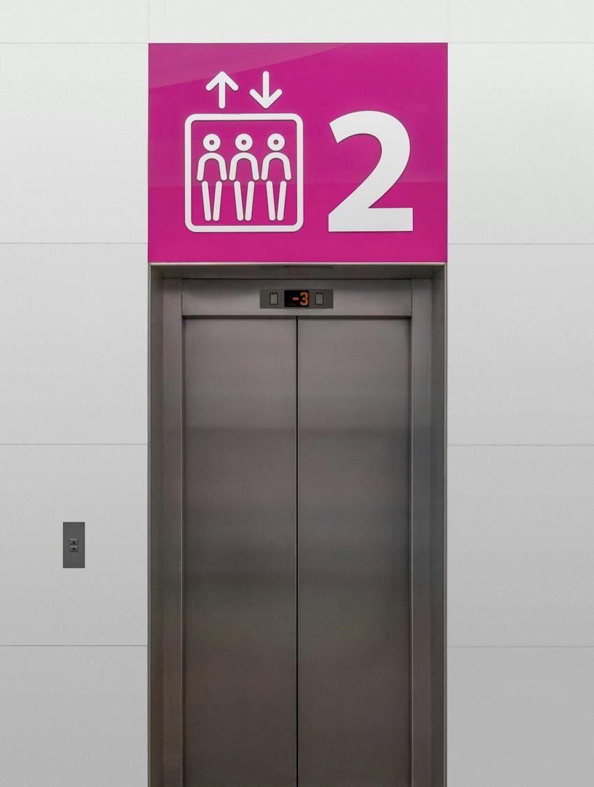 An amusing illustration of a person hilarious trying to fit into a tiny elevator, with exaggerated expressions of surprise and laughter.